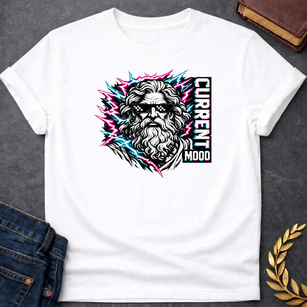 zeus current mood greek mythology youth t shirt featuring lightning bolt, sky god power symbolism in bold Greek mythology design
