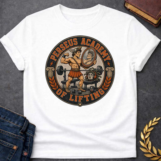 White T-shirt in vintage badge style: a winged-helmet Perseus flexes his bicep in a gym, admiring himself in a hand-held mirror, wearing a bronze breastplate, kilt, and winged sandals. Behind him sits a barbell bench, dumbbells, and a kettlebell. Medusa's severed head rests on a bench wearing orange headphones, snake hair coiled. Ionic columns and laurel branches frame the circular black-and-orange design.