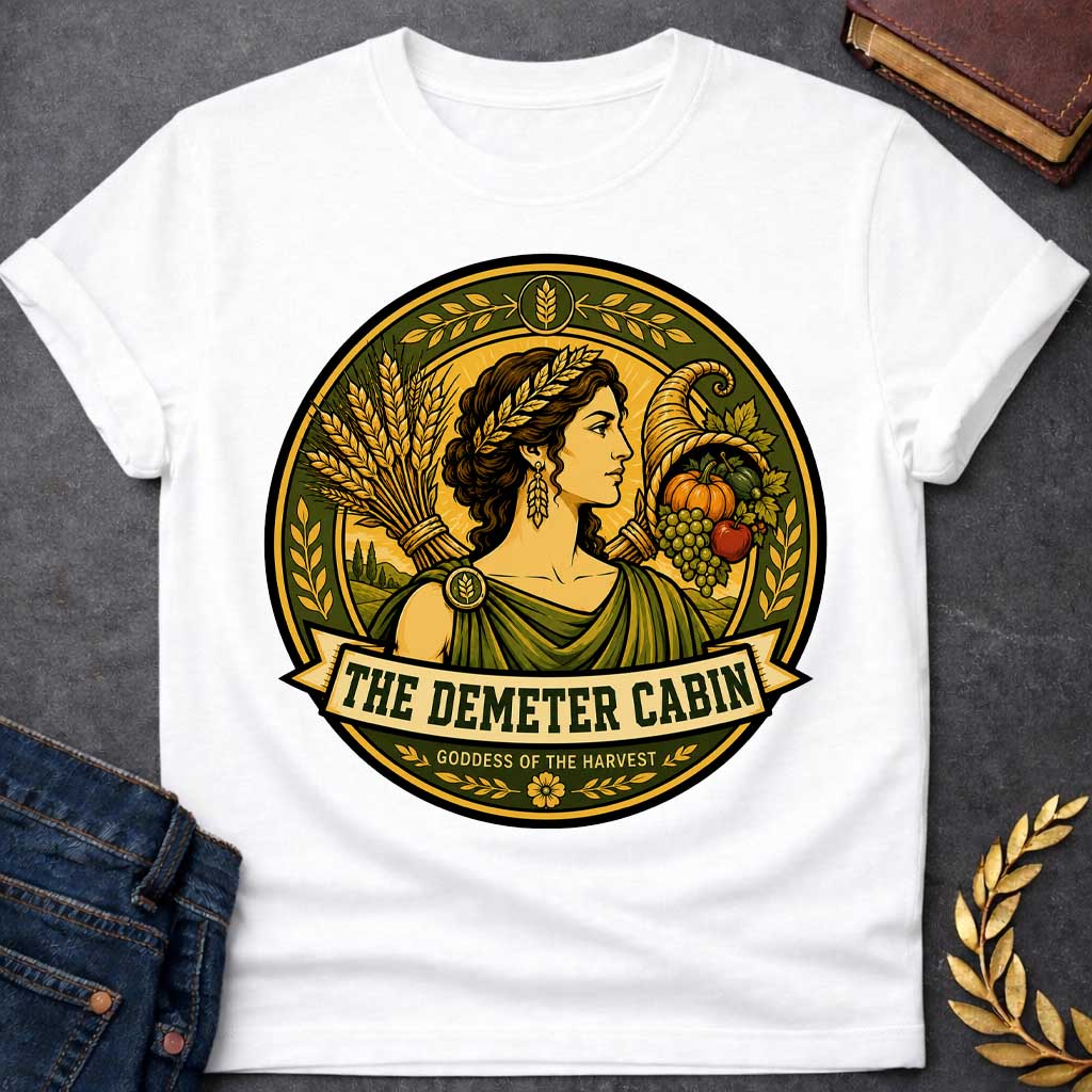 White t-shirt with a Demeter Greek mythology cabin design featuring the goddess of the harvest wearing a golden wheat crown, surrounded by bundles of wheat, a cornucopia filled with grapes, pumpkin, apple, and other crops. Olive green and gold circular camp-style emblem includes the text “The Demeter Cabin” and “Goddess of the Harvest.”