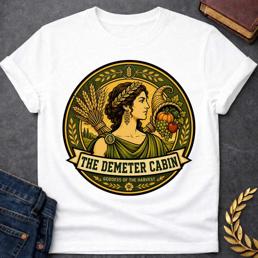 White t-shirt with a Demeter Greek mythology cabin design featuring the goddess of the harvest wearing a golden wheat crown, surrounded by bundles of wheat, a cornucopia filled with grapes, pumpkin, apple, and other crops. Olive green and gold circular camp-style emblem includes the text “The Demeter Cabin” and “Goddess of the Harvest.”