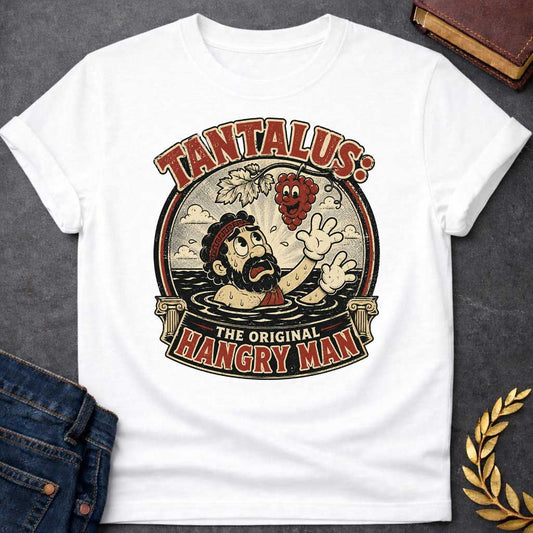 White t-shirt with A vintage 1930s rubber-hose cartoon-style graphic. Inside a circular badge flanked by Greek columns, a distressed Tantalus stands in water reaching desperately toward a smiling cartoon grape cluster dangling above him. Arched text across the top reads "TANTALUS:" while a bottom banner features "THE ORIGINAL HANGRY MAN" in a distressed red and cream color palette.