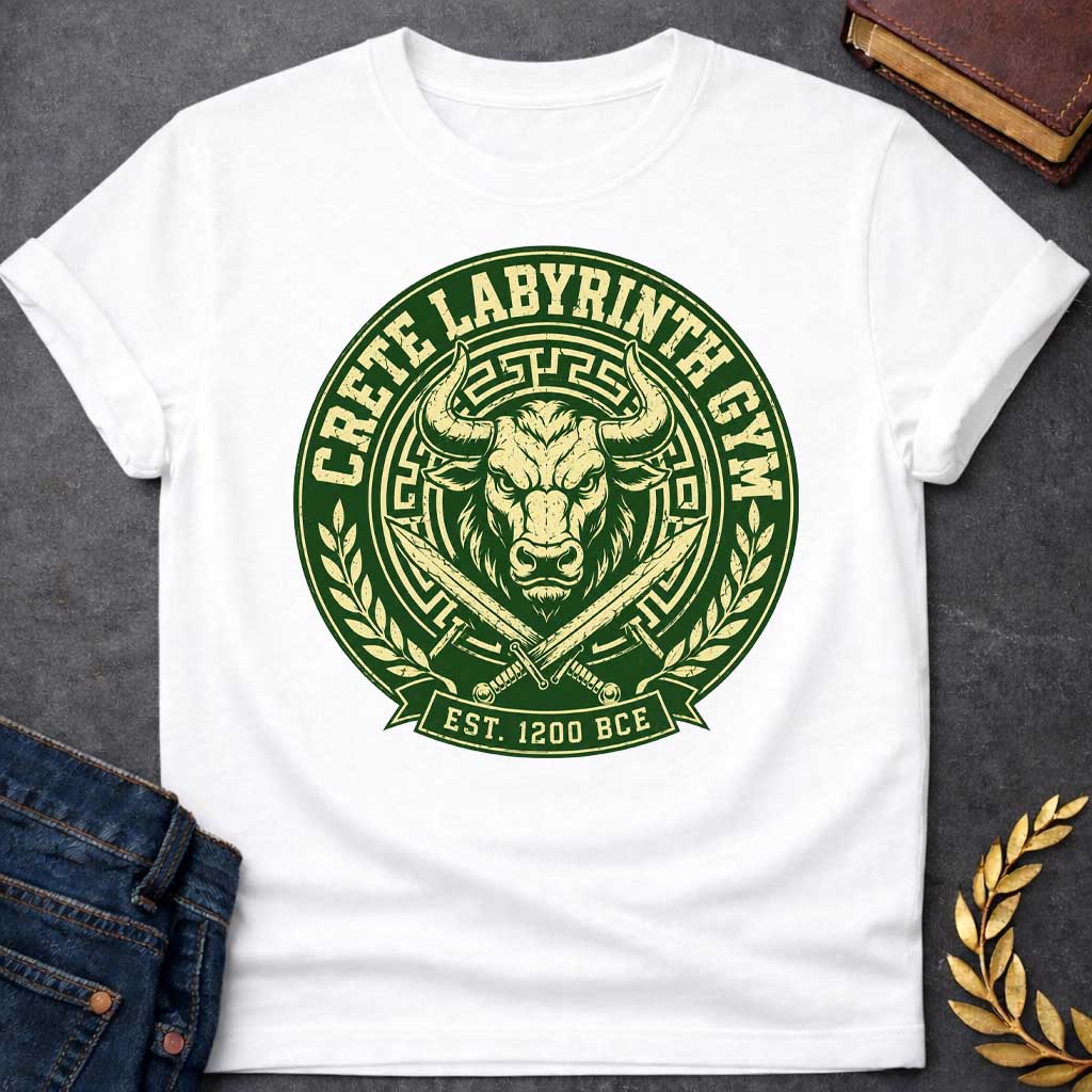 White T-shirt with a Fitness emblem of the Minotaur from Crete's Labyrinth. Green and cream circular badge displays a detailed bull head with curved horns within Greek key borders. Two crossed swords flank below. Laurel wreaths frame sides. Text reads 'Crete Labyrinth Gym' and 'Est. 1200 BCE.' Distressed texture adds vintage appeal. Merges Greek mythology with modern gym culture, celebrating legendary warrior strength.