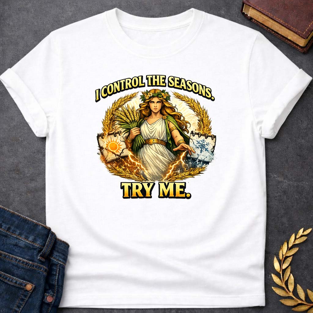 demeter i control the seasons greek mythology youth t shirt featuring detailed Greek mythology artwork, symbolic design, and bold graphic style