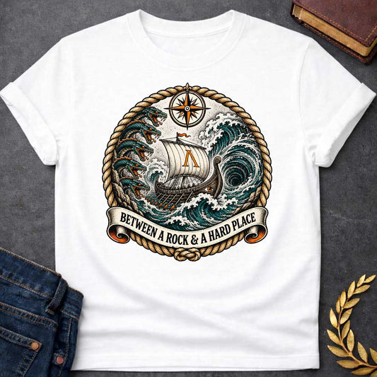 White t-shirt in nautical tattoo style, referencing Scylla and Charybdis: a Greek ship with an eye-painted hull and Lambda-marked sail sails between six-headed serpent Scylla and a swirling whirlpool. A compass rose sits above, with the design bordered by twisted rope and a ribbon banner reading the title below.