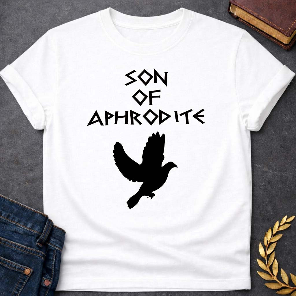 son of aphrodite greek mythology unisex softstyle adult t shirt featuring detailed Greek mythology artwork, symbolic design, and bold graphic style