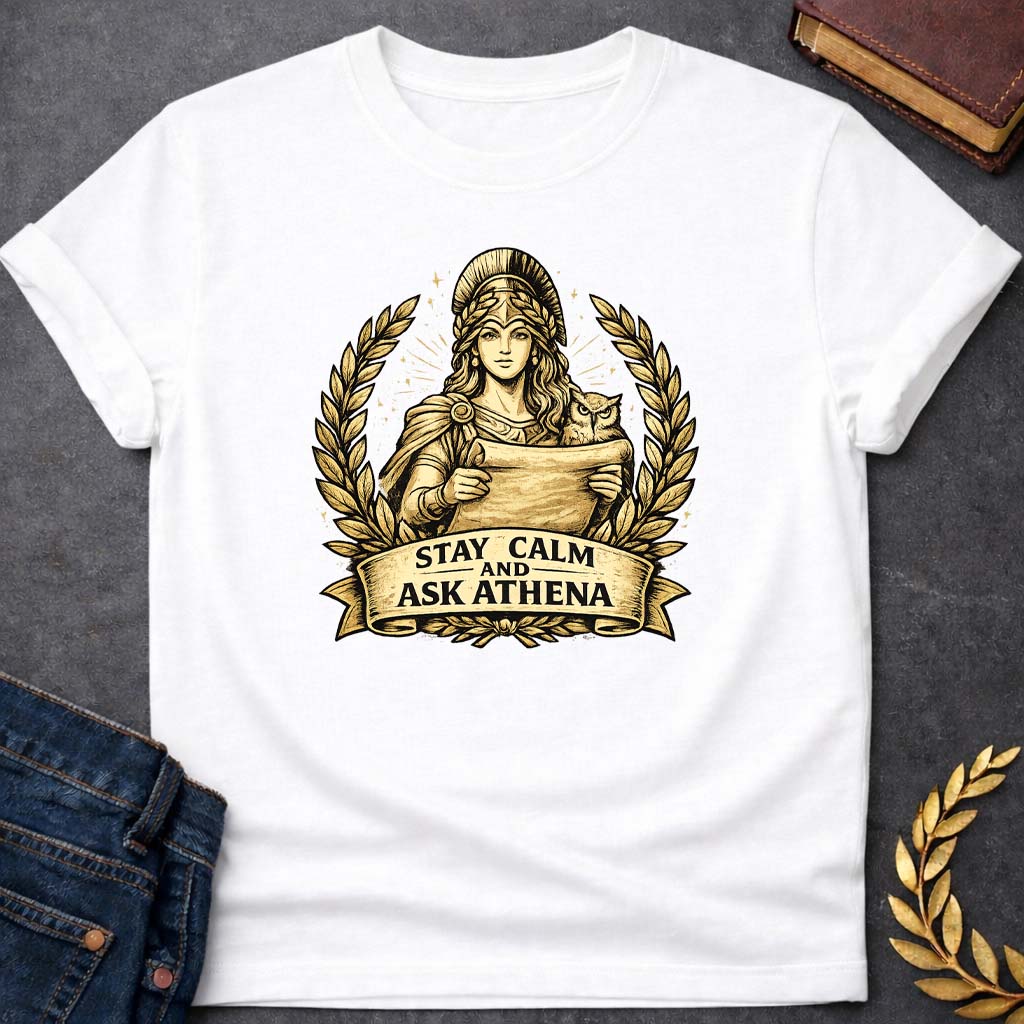 athena stay calm and ask athena greek mythology youth t shirt featuring owl, laurel wreath, wisdom symbolism in vintage Greek mythology design
