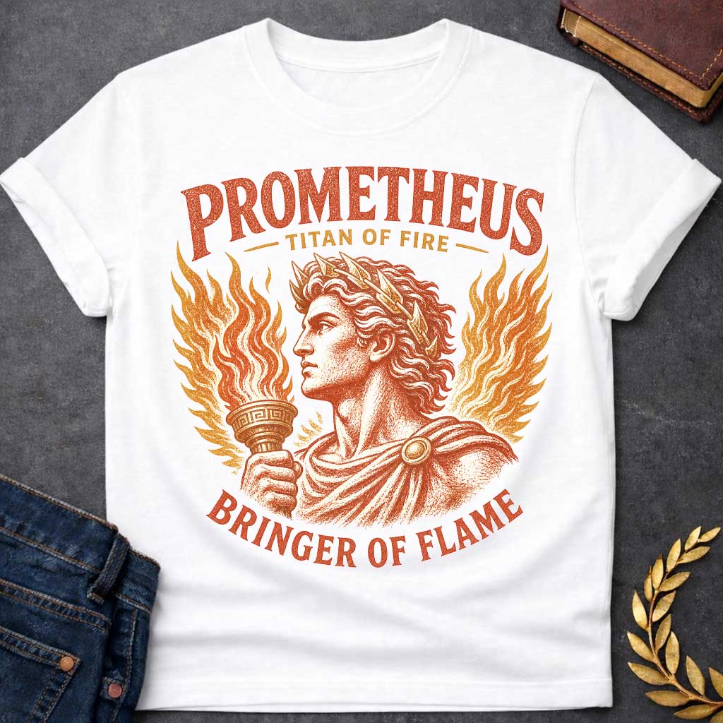 White t-shirt with a Vintage Prometheus Greek mythology design featuring the Titan of fire holding a flaming torch, framed by dramatic flames and a laurel crown. Distressed terracotta and gold artwork includes the bold text “Prometheus,” “Titan of Fire,” and “Bringer of Flame,” celebrating the legendary figure who brought fire to humanity.