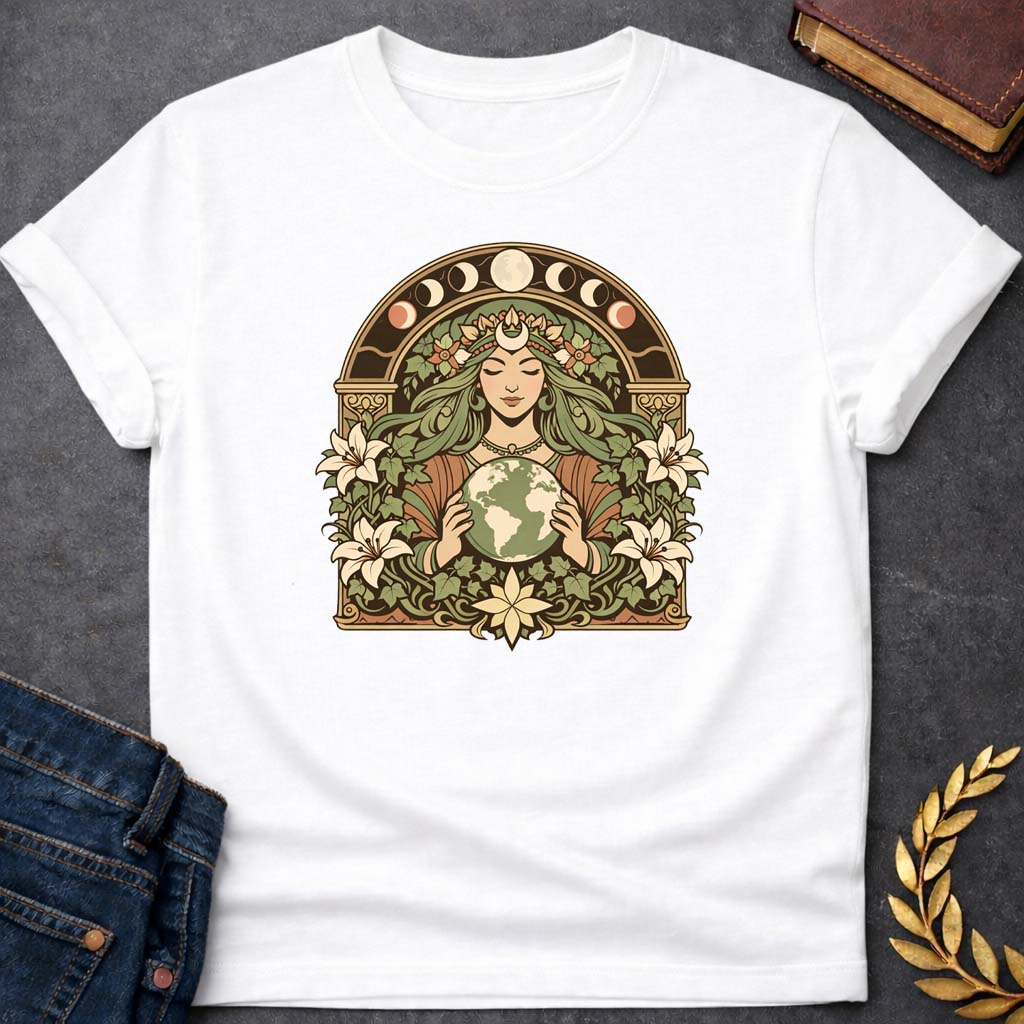 gaia earth goddess greek mythology adult shirt featuring detailed Greek mythology artwork, symbolic design, and bold graphic style