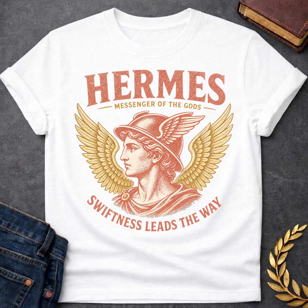 White t-shirt with a Vintage Hermes Greek mythology design featuring the Messenger of the Gods in profile wearing his iconic winged helmet, framed by large golden wings. Distressed coral and gold artwork creates an antique classical style with bold text reading “Hermes Messenger of the Gods” and “Swiftness Leads the Way.”