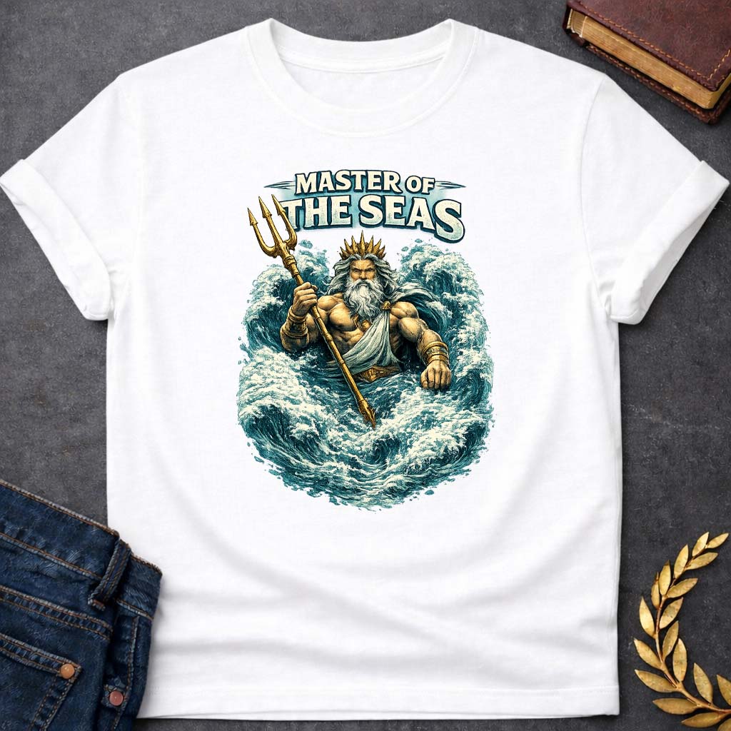 poseidon master to the seas greek mythology unisex softstyle t shirt featuring trident, ocean waves, sea god symbolism in Greek mythology design