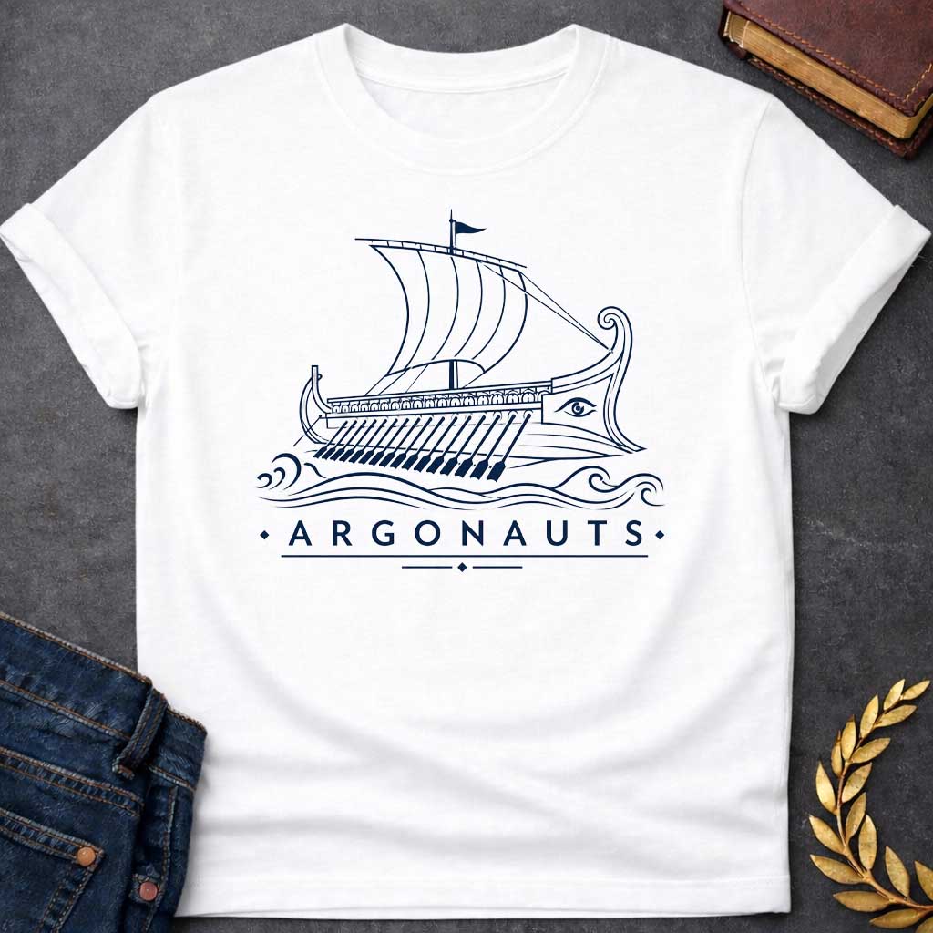 White T-shirt with A Classical line art rendering of the legendary Argo in navy blue. The Greek ship features billowing sails above a detailed hull with visible oars. Ornate bow and stern decorations frame a protective eye symbol on the hull. Decorative waves flow beneath. Text reads 'Argonauts' with diamond accents. Celebrates the heroic quest of Jason and his crew seeking the golden fleece in ancient Greek mythology.