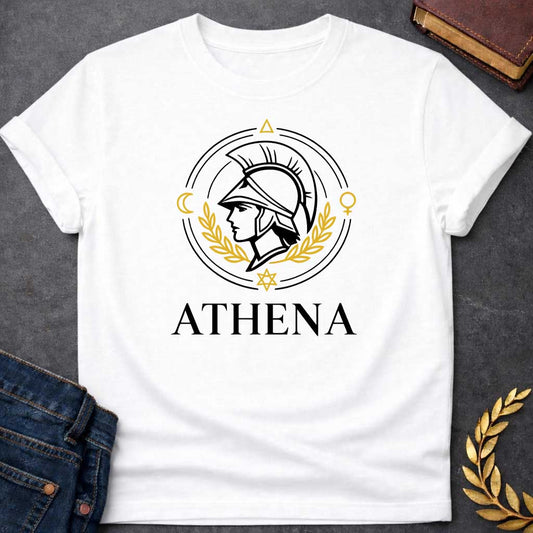 Athena Minimalist Style Greek Mythology Youth Shirt featuring owl, laurel wreath, wisdom symbolism in vintage Greek mythology design