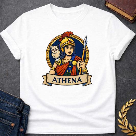 white unisex t-shirt laid flat, featuring a colorful Greek mythology badge graphic of Athena in a golden helmet holding a spear, with a white owl on her shoulder, above a banner reading "ATHENA"