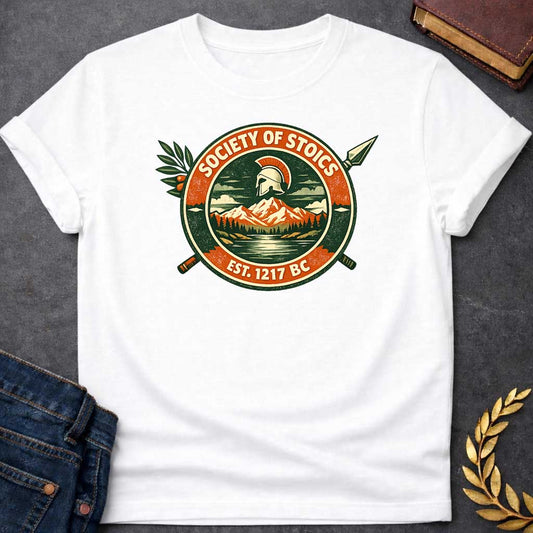 White T-shirt graphic featuring a circular vintage badge design with the text "Society of Stoics" arched above and "Est. 1217 BC" below. The center illustration shows a Spartan helmet floating above a mountain landscape with pine trees and a reflective lake, rendered in dark green, orange, and cream tones. Two crossed spears extend behind the badge, with an olive branch decorating the upper left.