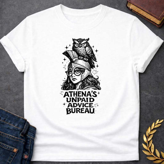 White T-shirt graphic in black and white ink style featuring Athena wearing a Corinthian helmet and round glasses, with a stern-looking owl perched on top of her helmet. Bold chunky text below reads "Athena's Unpaid Advice Bureau," with small sparkle details scattered throughout the background