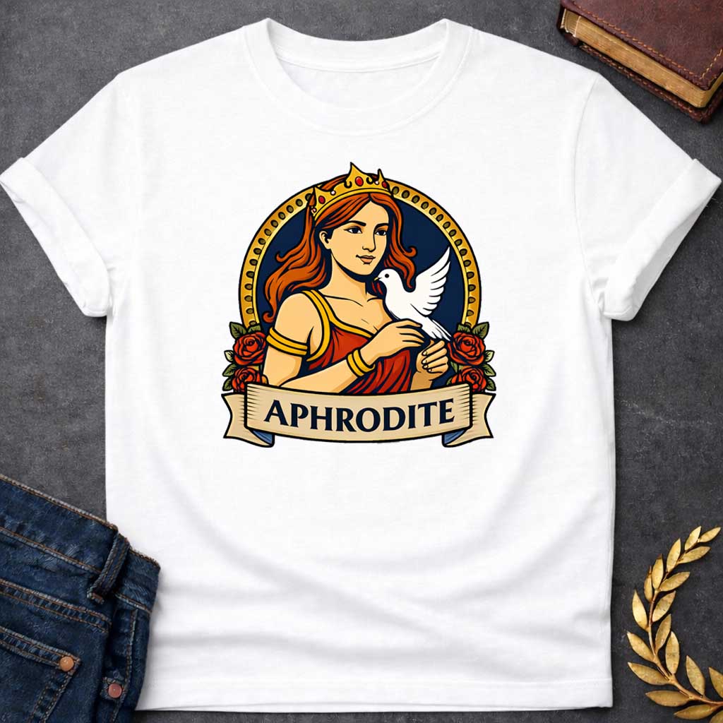 White T-shirt graphic featuring a vibrant illustrated portrait of Aphrodite, the Greek Goddess of Love, with flowing red hair and a gold crown, wearing a red draped gown with gold bracelets, cradling a white dove in her hands. She is framed within a gold circular border flanked by red roses, with a scroll banner below reading "Aphrodite," in a bold tattoo-inspired style with navy, gold, and red tones