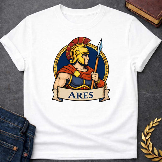 White T-shirt graphic featuring a vibrant illustrated portrait of Ares, the Greek God of War, shown in side profile wearing a gold Corinthian helmet with a red plume, blue and gold armor, and a flowing red cape fastened with a gold brooch, holding a spear upright. He is framed within a gold circular border against a navy background, with a scroll banner below reading "Ares," in a bold tattoo-inspired style with navy, gold, and red tones