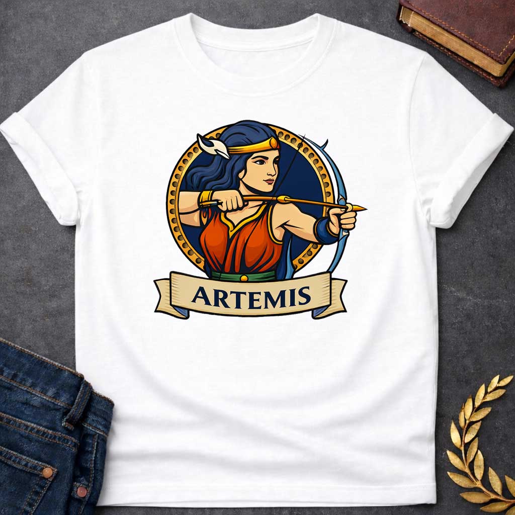 White T-shirt graphic featuring a vibrant illustrated portrait of Artemis, the Greek Goddess of the Hunt, with long dark blue hair and a gold headband adorned with a white crescent moon, wearing a red and blue draped gown with a green belt, drawn back in a dynamic archery pose with a bow and arrow aimed forward. She is framed within a gold circular border against a navy background, with a scroll banner below reading "Artemis," in a bold tattoo-inspired style with navy, gold, and red tones