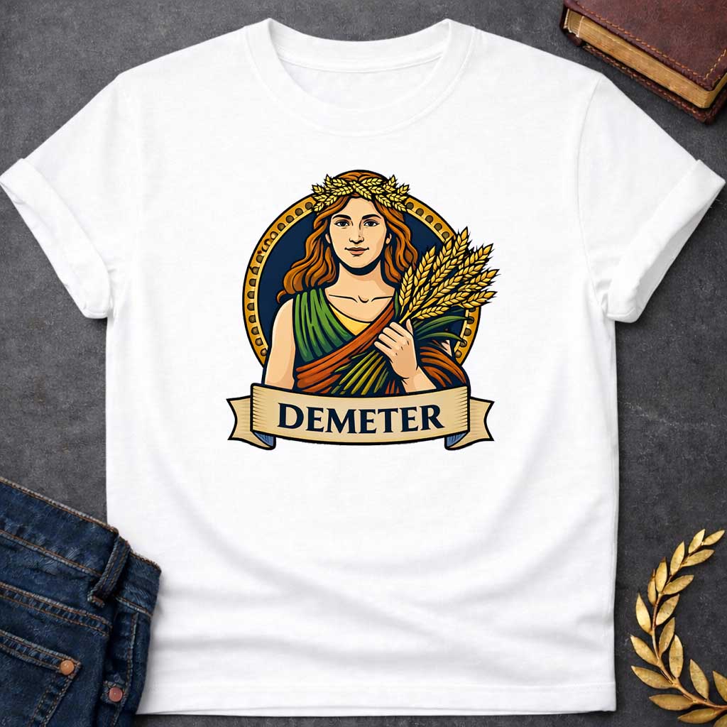 White T-shirt graphic featuring a vibrant illustrated portrait of Demeter, the Greek Goddess of the Harvest, with long wavy red hair and a golden wheat wreath crown, wearing a layered green, orange, and yellow draped robe, holding a bundle of golden wheat stalks. She is framed within a gold circular border against a navy background, with a scroll banner below reading "Demeter," in a bold tattoo-inspired style with navy, gold, and earth tones