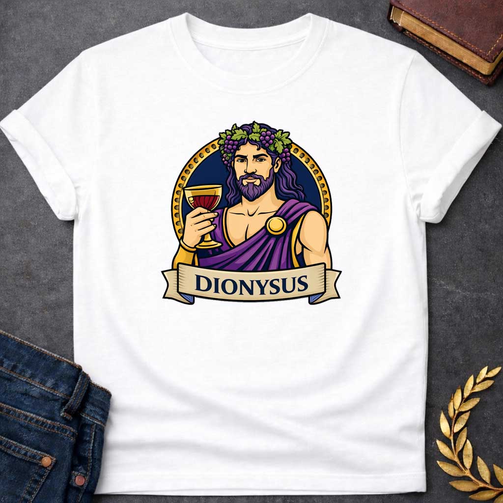 White T-shirt graphic featuring a vibrant illustrated portrait of Dionysus, the Greek God of Wine, with long wavy purple hair and a beard, wearing a grape vine and leaf crown adorned with clusters of purple grapes, dressed in a purple draped robe fastened with a gold brooch, raising a golden goblet filled with red wine. He is framed within a gold circular border against a navy background, with a scroll banner below reading "Dionysus," in a bold tattoo-inspired style with navy, gold, and purple tones