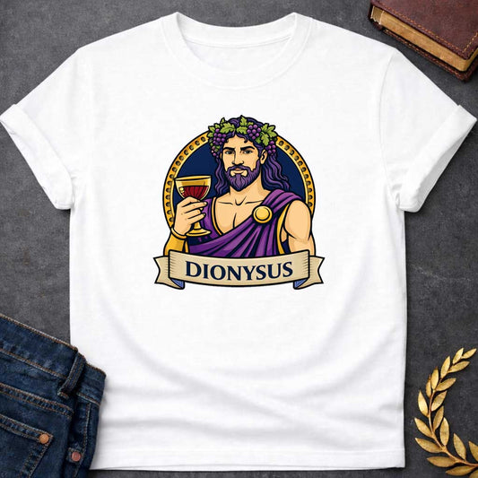 White T-shirt graphic featuring a vibrant illustrated portrait of Dionysus, the Greek God of Wine, with long wavy purple hair and a beard, wearing a grape vine and leaf crown adorned with clusters of purple grapes, dressed in a purple draped robe fastened with a gold brooch, raising a golden goblet filled with red wine. He is framed within a gold circular border against a navy background, with a scroll banner below reading "Dionysus," in a bold tattoo-inspired style with navy, gold, and purple tones