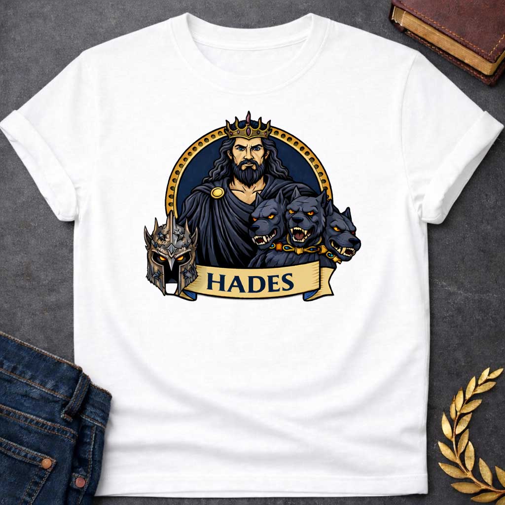 White T-shirt graphic featuring a vibrant illustrated portrait of Hades, the Greek God of the Underworld, with long dark wavy hair and a beard, piercing blue eyes, wearing a dark hooded cloak fastened with a gold brooch and a jeweled gold crown. He is flanked by the three snarling heads of Cerberus wearing a gold and gemstone collar, with a dark battle helmet displayed to the left. He is framed within a gold circular border against a navy background, with a scroll banner below reading "Hades," in a bold tat