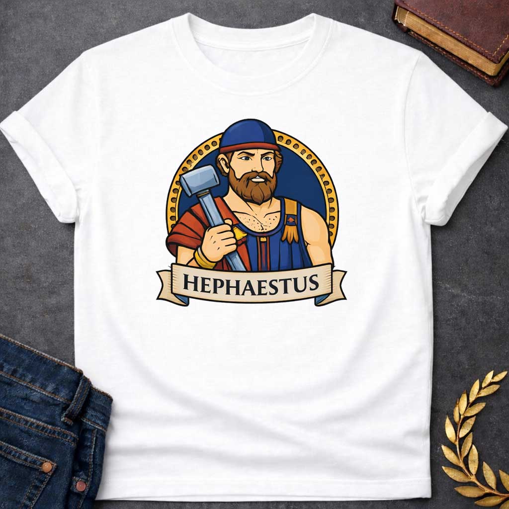White T-shirt graphic featuring a vibrant illustrated portrait of Hephaestus, the Greek God of the Forge, depicted as a muscular bearded man with a full red-brown beard, wearing a blue workman's tunic with gold suspenders and a blue cap with a red brim, holding a large silver smith's hammer over his shoulder with soot marks on his chest. He is framed within a gold circular border against a navy background, with a scroll banner below reading "Hephaestus," in a bold tattoo-inspired style with navy, gold, and 