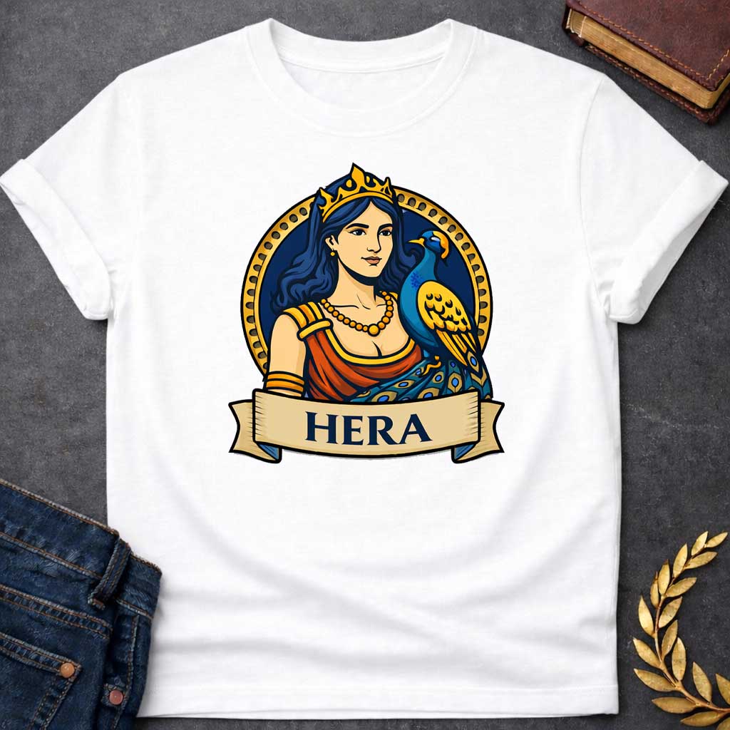 White T-shirt graphic featuring a vibrant illustrated portrait of Hera, the Greek Queen of the Gods, with long dark blue wavy hair and a gold crown, wearing a red draped robe with gold arm bands and a gold beaded necklace, with a blue and gold peacock perched at her side displaying its ornate tail feathers. She is framed within a gold circular border against a navy background, with a scroll banner below reading "Hera," in a bold tattoo-inspired style with navy, gold, and red tones