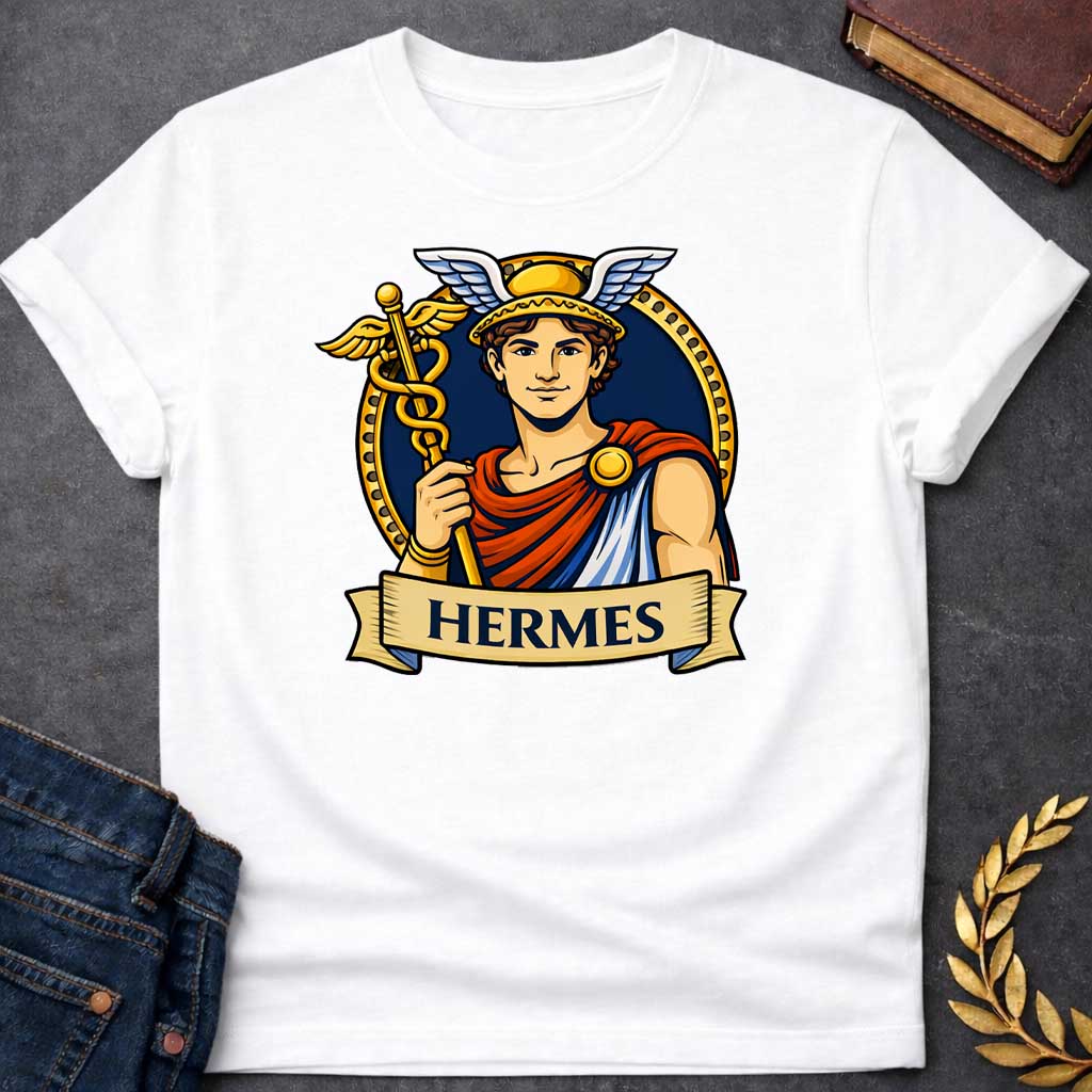 White T-shirt graphic featuring a vibrant illustrated portrait of Hermes, the Greek Messenger God, as a young man with curly brown hair wearing a gold winged helmet, dressed in a red and blue draped robe fastened with a gold brooch, holding a golden caduceus staff entwined with two serpents and topped with wings. He is framed within a gold circular border against a navy background, with a scroll banner below reading "Hermes," in a bold tattoo-inspired style with navy, gold, and red tones