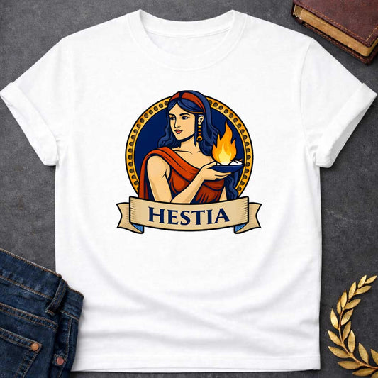 White T-shirt graphic featuring a vibrant illustrated portrait of Hestia, the Greek Goddess of the Hearth, with long dark blue wavy hair and a red headband, wearing gold drop earrings and a red draped robe, gently cradling a blue oil lamp with a glowing flame in her outstretched hands. She is framed within a gold circular border against a navy background, with a scroll banner below reading "Hestia," in a bold tattoo-inspired style with navy, gold, and red tones