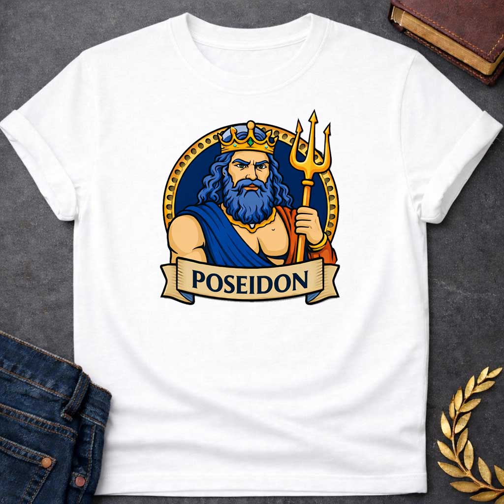 White T-shirt graphic featuring a vibrant illustrated portrait of Poseidon, the Greek God of the Sea, as a powerful muscular man with long wavy blue hair and a full blue beard, wearing a gold jeweled crown and a blue and red draped robe with a gold necklace, gripping a large golden trident. He is framed within a gold circular border against a navy background, with a scroll banner below reading "Poseidon," in a bold tattoo-inspired style with navy, gold, and blue tones
