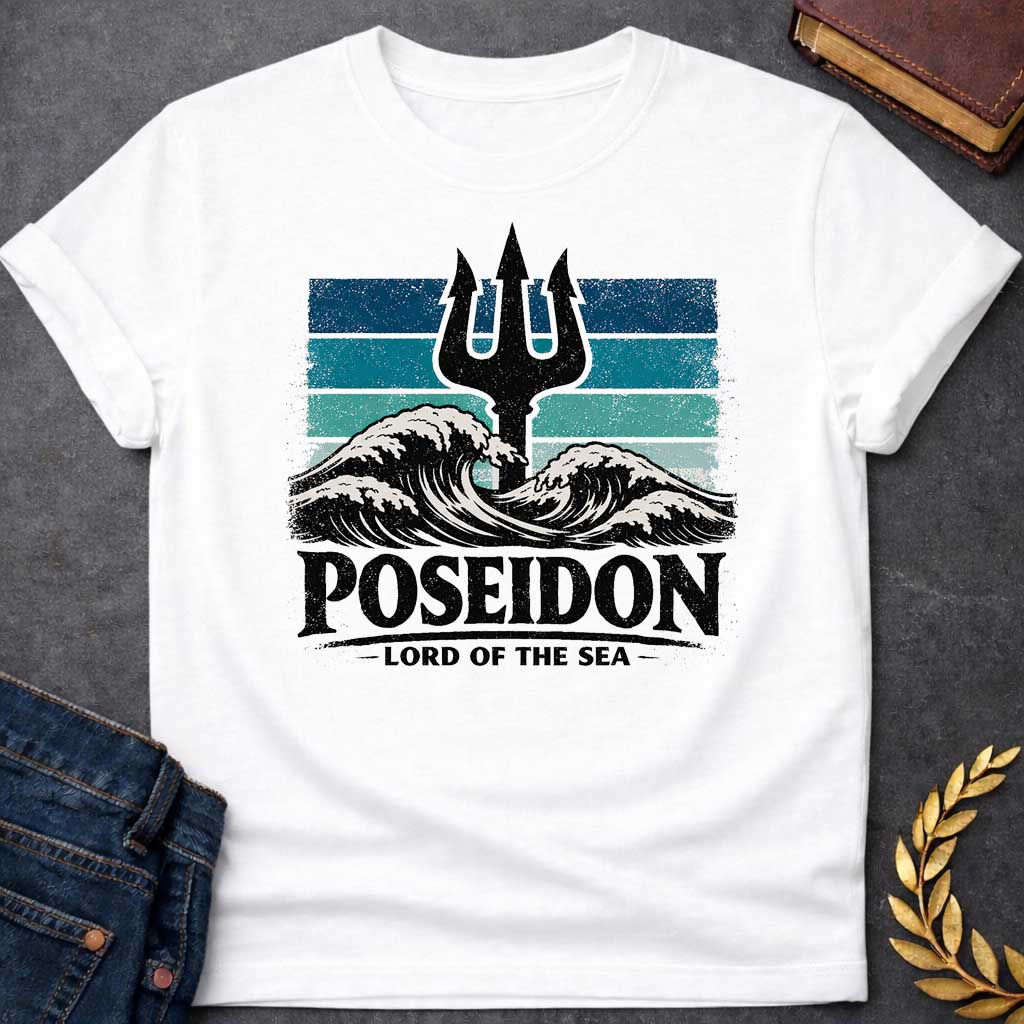 White T-Shirt A vintage-style graphic shirt design.  The central image features a distressed, black silhouette of a trident rising from the center of crashing, white-capped ocean waves. Behind the trident is a square background made of horizontal stripes in shades of blue, teal, and light seafoam, all with a heavily weathered and grainy texture. Below the waves, the name "POSEIDON" is written in large, bold, black distressed block letters. Underneath the name, the title "— LORD OF THE SEA —" is displayed in