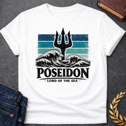 White T-Shirt A vintage-style graphic shirt design.  The central image features a distressed, black silhouette of a trident rising from the center of crashing, white-capped ocean waves. Behind the trident is a square background made of horizontal stripes in shades of blue, teal, and light seafoam, all with a heavily weathered and grainy texture. Below the waves, the name "POSEIDON" is written in large, bold, black distressed block letters. Underneath the name, the title "— LORD OF THE SEA —" is displayed in