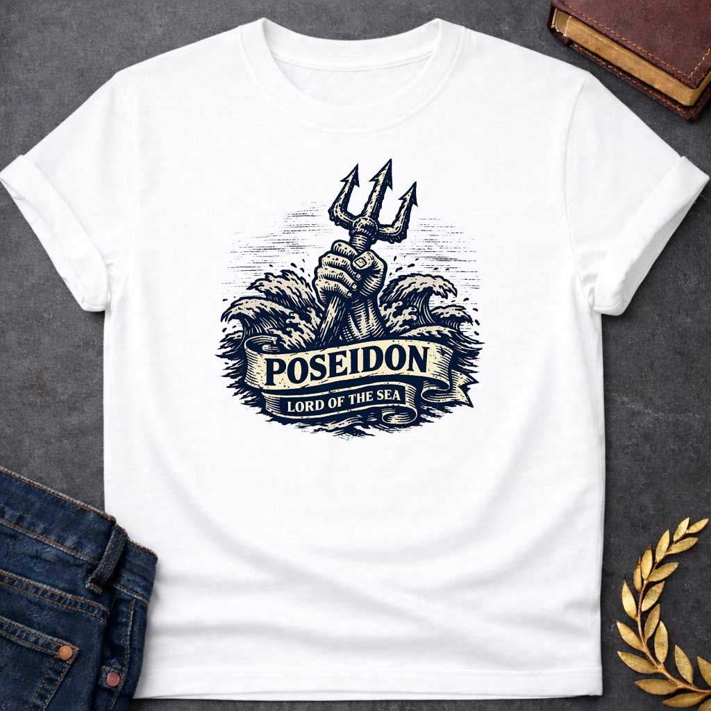 White T-shirt graphic in a vintage nautical woodcut style featuring a powerful fist rising from crashing ocean waves while gripping a trident upright, with a scroll banner across the middle reading "Poseidon" above and "Lord of the Sea" below, referencing Poseidon, the Greek God of the Sea