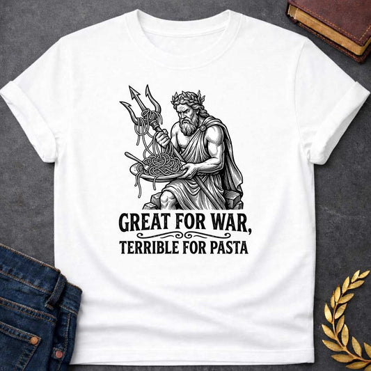 White T-shirt graphic in black and white featuring a detailed engraving-style illustration of Poseidon seated on rocks wearing a laurel wreath and draped robe, holding a trident in one hand with spaghetti tangled around its prongs, while balancing a plate of pasta in his other hand and looking frustrated. Bold distressed white text below with decorative scroll divider reads "Great for War, Terrible for Pasta" — a humorous nod to Poseidon, the Greek God of the Sea