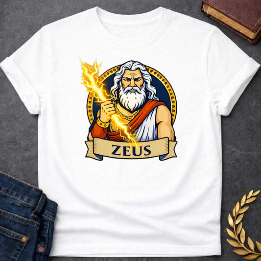 White T-shirt graphic featuring a vibrant illustrated portrait of Zeus, the Greek King of the Gods, as a powerful older man with long wavy white hair and a full white beard, piercing blue eyes, wearing a white draped robe with a red sash and a gold chain necklace and bracelet, wielding a crackling golden lightning bolt. He is framed within a gold circular border against a navy background, with a scroll banner below reading "Zeus," in a bold tattoo-inspired style with navy, gold, and white tones