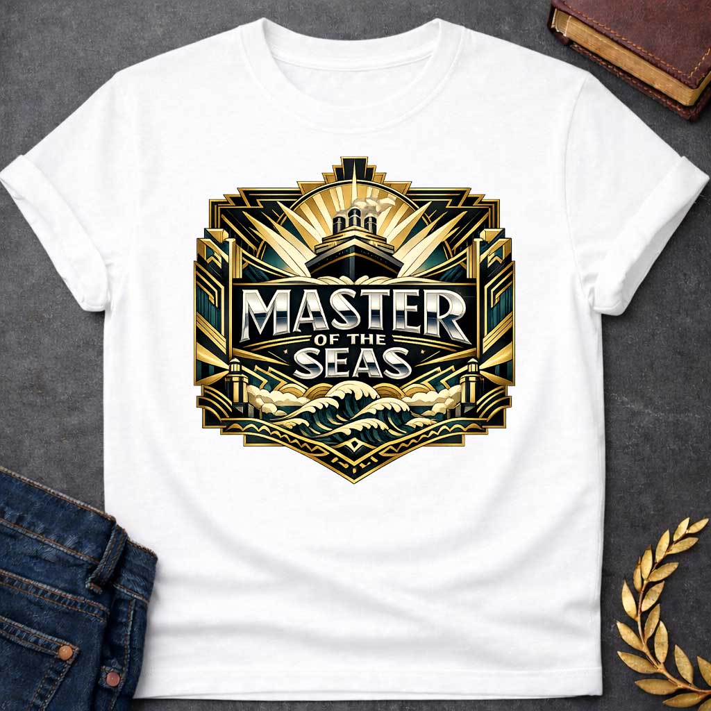 White T-shirt graphic featuring a lavish Art Deco shield-shaped badge design in dark teal, gold, and silver. A ocean liner ship emerges from sunburst rays at the top, above bold silver chrome text reading "Master of the Seas" centered on a dark background, with stylized crashing gold and teal waves below and ornate geometric architectural columns flanking the sides — referencing Poseidon, the Greek God of the Sea