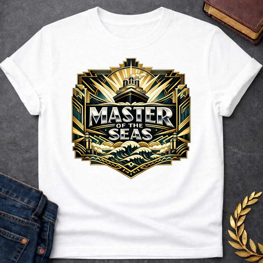 White T-shirt graphic featuring a lavish Art Deco shield-shaped badge design in dark teal, gold, and silver. A ocean liner ship emerges from sunburst rays at the top, above bold silver chrome text reading "Master of the Seas" centered on a dark background, with stylized crashing gold and teal waves below and ornate geometric architectural columns flanking the sides — referencing Poseidon, the Greek God of the Sea