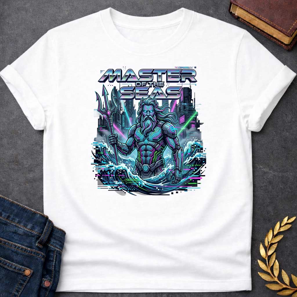 White T-shirt graphic featuring a cyberpunk reimagining of Poseidon, the Greek God of the Sea, depicted as a powerful bearded figure in glowing neon-lit futuristic armor with circuit board detailing, wielding a high-tech trident, rising from crashing waves against a dark dystopian cityscape backdrop with glitch effects and pixel artifacts. Bold chrome holographic text arched above reads "Master of the Seas" in a retro-futuristic font, rendered in neon teal, purple, and green tones,