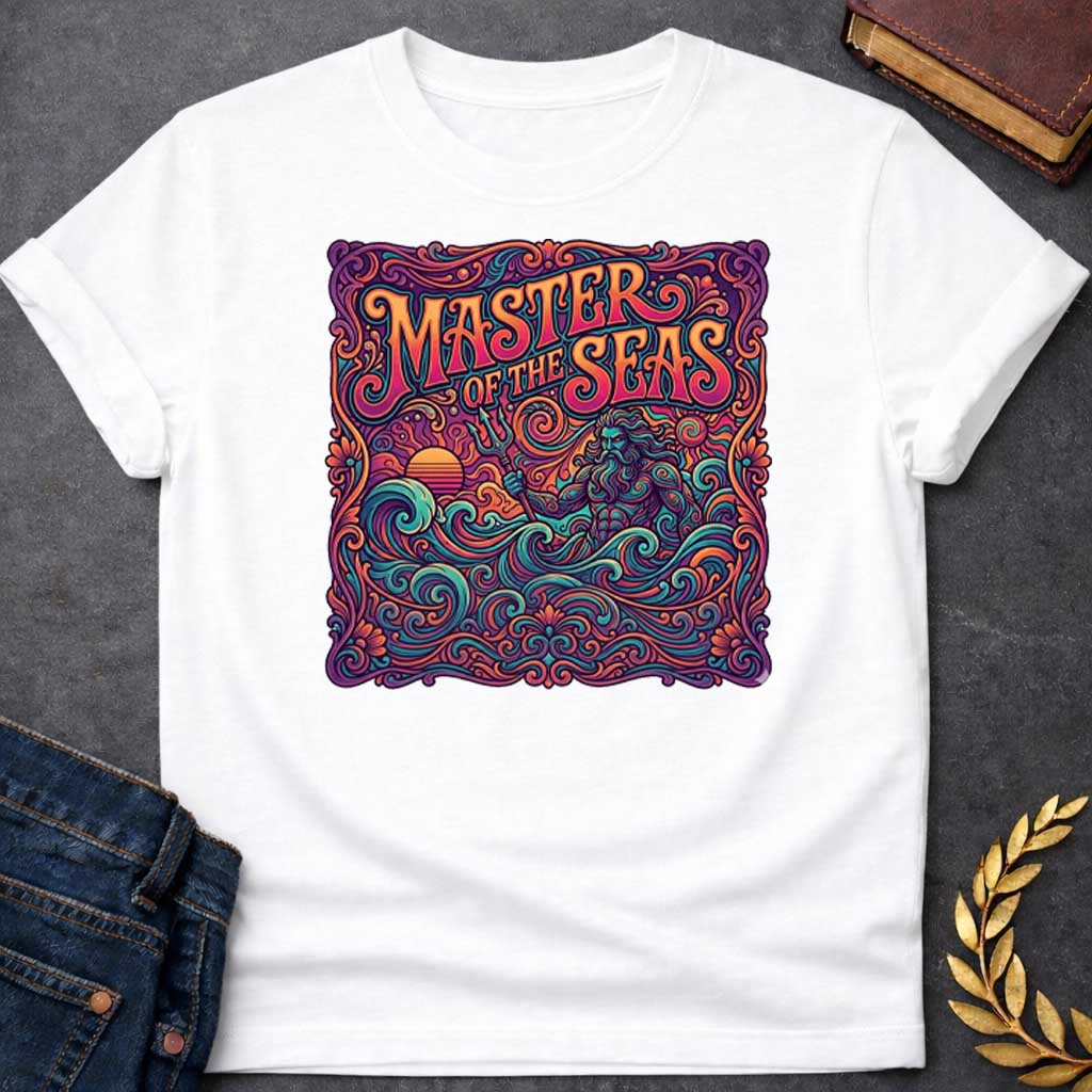 White T-shirt graphic featuring a vibrant psychedelic 1970s-inspired illustration of Poseidon, the Greek God of the Sea, rising from swirling ornate waves while holding a trident, with a retro sunset on the left, all enclosed in an intricate decorative scrollwork and floral border. Bold groovy hand-lettered text arched across the top reads "Master of the Seas" in orange and teal, rendered in a rich kaleidoscopic palette of teal, orange, purple, and pink