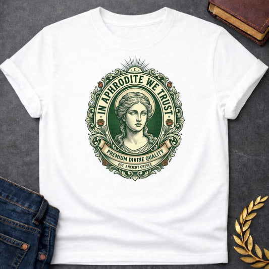 White T-shirt graphic featuring a vintage apothecary label-style oval badge design in forest green, cream, and terracotta. A detailed engraving-style portrait of Aphrodite is centered within the badge, surrounded by ornate scrollwork and flanked by red roses, with a crescent moon and sunburst radiating from the top. Text arched around the inner circle reads "In Aphrodite We Trust," with a scroll banner below reading "Premium Divine Quality" and smaller text underneath reading "Est. Ancient Greece,"