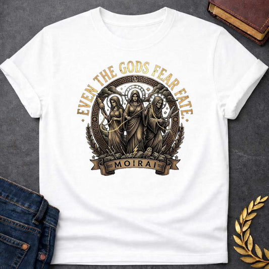 White T-shirt graphic featuring a detailed vintage engraving-style circular badge design in gold and dark brown tones. Three robed figures representing the Moirai, the Greek Fates, stand together at the center — the first holding a spindle and thread, the middle holding a measuring rod with a lightning bolt at her feet, and the eldest holding scissors poised to cut — with an owl perched below them, framed by a Greek meander border, laurel branches, and divine halos. Gold distressed text arches above reading