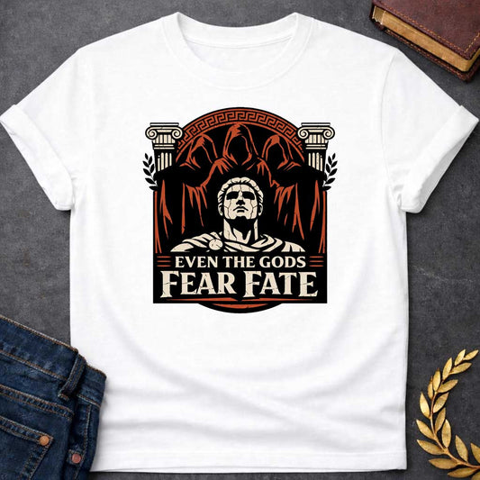White shirt featuring a striking graphic design with a classical Greek aesthetic. In the center, a cracked marble bust of a Roman figure gazes upward, flanked by two Ionic columns. Looming behind the statue are three shadowy, hooded figures representing the Fates. The scene is enclosed in a circular Greek key border. The color palette is a bold trio of cream, burnt orange, and black. Below the art, the text reads "EVEN THE GODS" in a clean serif font and "FEAR FATE" in large, distressed block letters