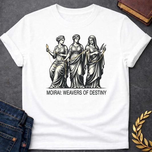 White T-shirt graphic in cream and gold on black featuring a detailed classical engraving-style illustration of the three Moirai, the Greek Fates, depicted as robed women in draped Grecian gowns — the first seated and spinning a golden thread from a spindle, the middle measuring and guiding the thread, and the third holding scissors ready to cut — with a single golden thread visibly connecting all three figures. Bold black sans-serif text below reads "Moirai: Weavers of Destiny,"