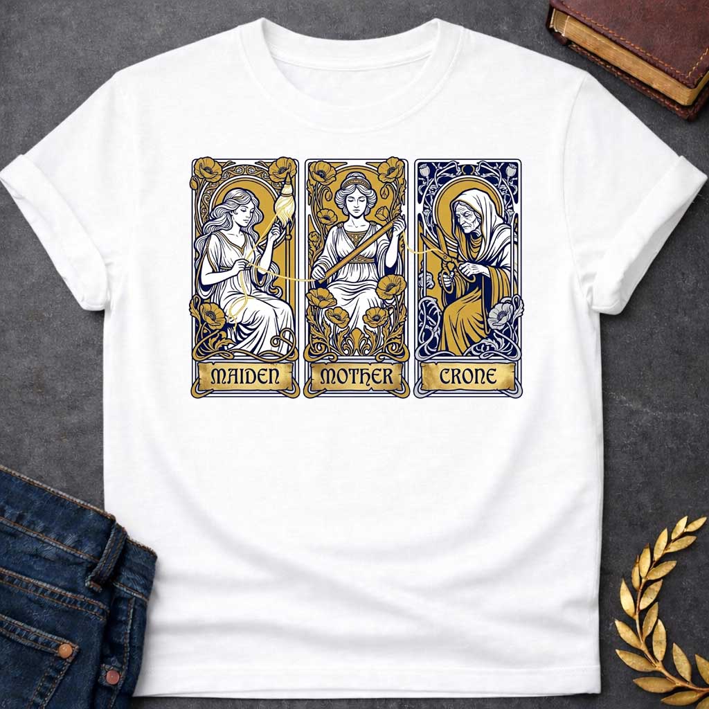 White T-shirt graphic featuring three Art Nouveau-style tarot card panels in navy, gold, and white, each depicting one of the Moirai, the Greek Fates, as the triple goddess archetypes. The first panel shows the Maiden as a young woman spinning a golden thread from a spindle amid poppies, labelled "Maiden." The middle panel shows the Mother as a composed woman measuring the thread with a ruler surrounded by blooming poppies, labelled "Mother." The third panel shows the Crone as an elderly hooded woman holdin