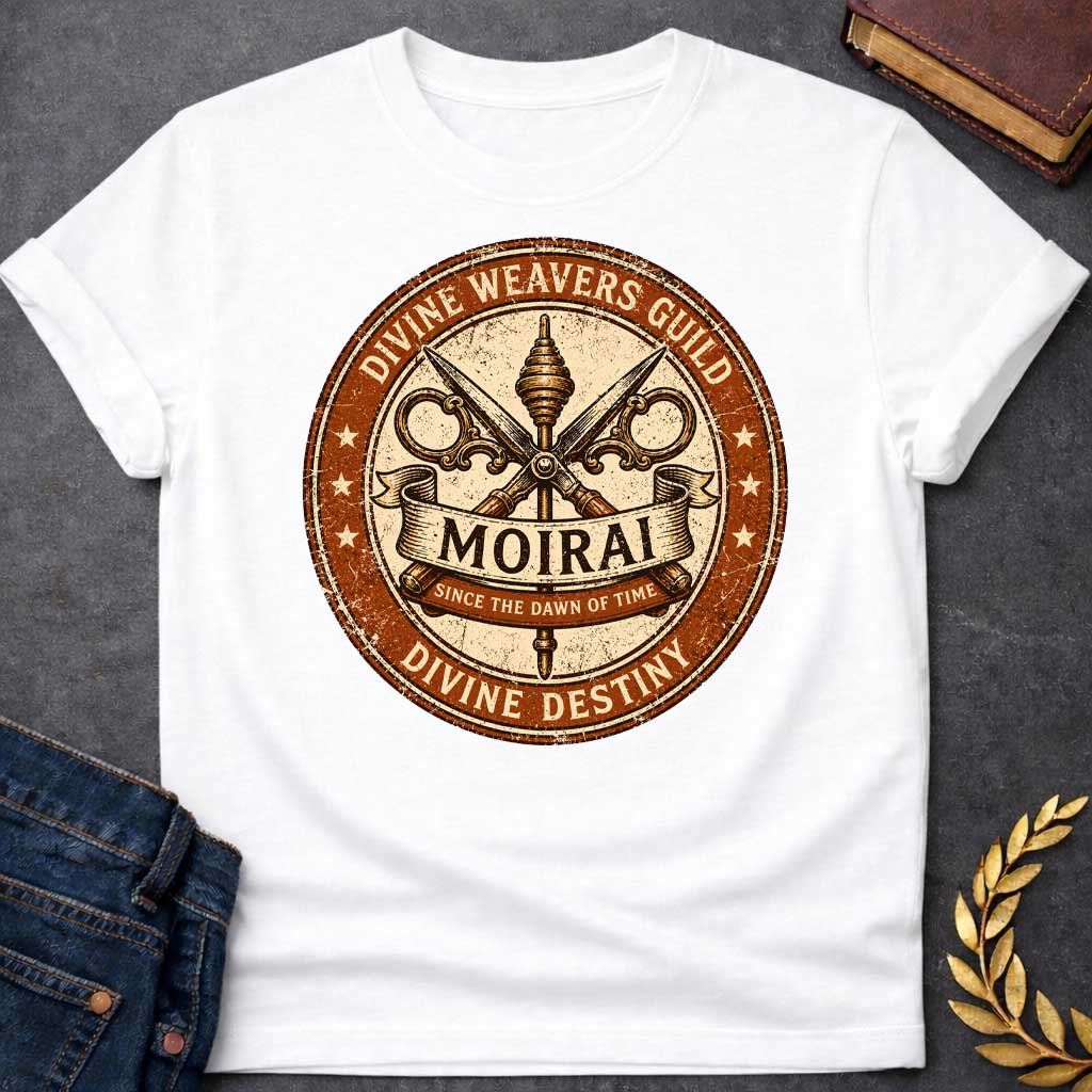 White T-shirt graphic featuring a distressed vintage trade guild seal design in burnt orange, cream, and dark brown. A central spindle crossed with ornate decorative scissors forms the badge's main emblem, with a scroll banner reading "Moirai" and a smaller ribbon below reading "Since the Dawn of Time." The outer ring reads "Divine Weavers Guild" arched above and "Divine Destiny" arched below, with small stars evenly spaced around the border, rendered in a weathered aged stamp style,