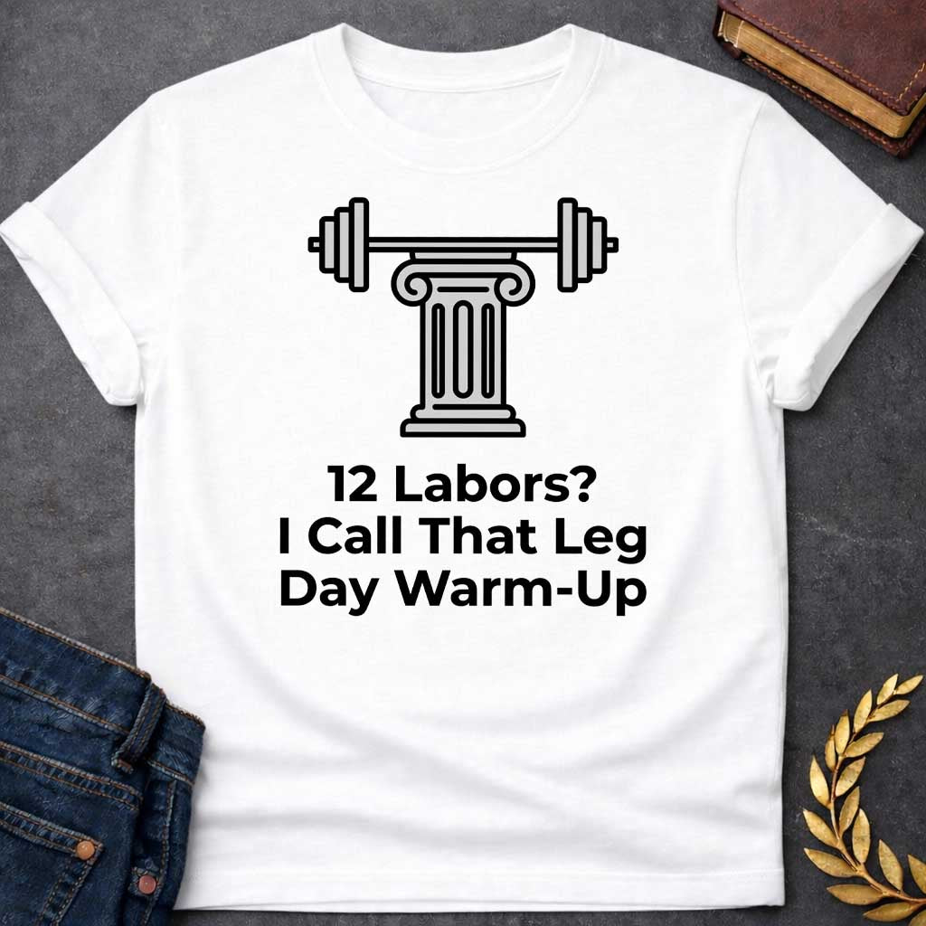 White T-shirt with a graphic design. At the top, there is a gray illustration of a classical Greek column supporting a barbell with weight plates on both sides. Below the illustration, the black text reads: "12 Labors? I Call That Leg Day Warm-Up"