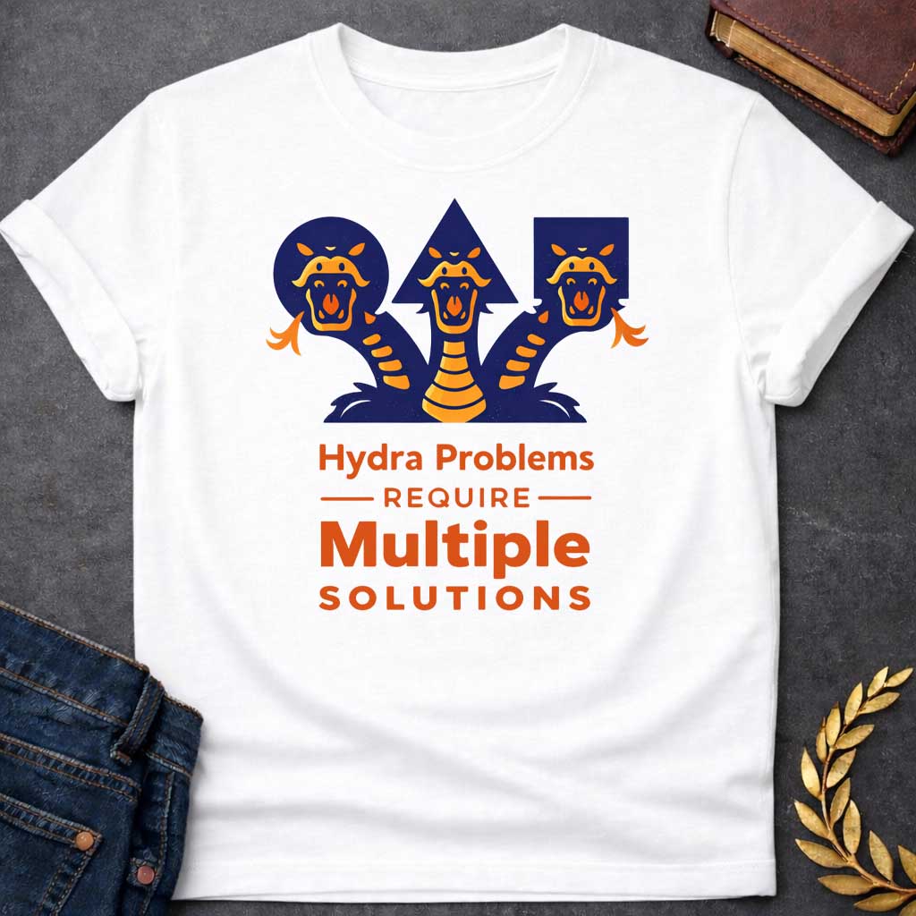 White T-shirt with a graphic featuring a bold modern illustrated design of the Hydra, the multi-headed serpent of Greek mythology, depicted as three snarling orange and navy snake heads rising against geometric navy shapes a circle, triangle, and rectangle.  Bold orange text below reads "Hydra Problems Require Multiple Solutions" with "Require" flanked by horizontal rules in a smaller weight