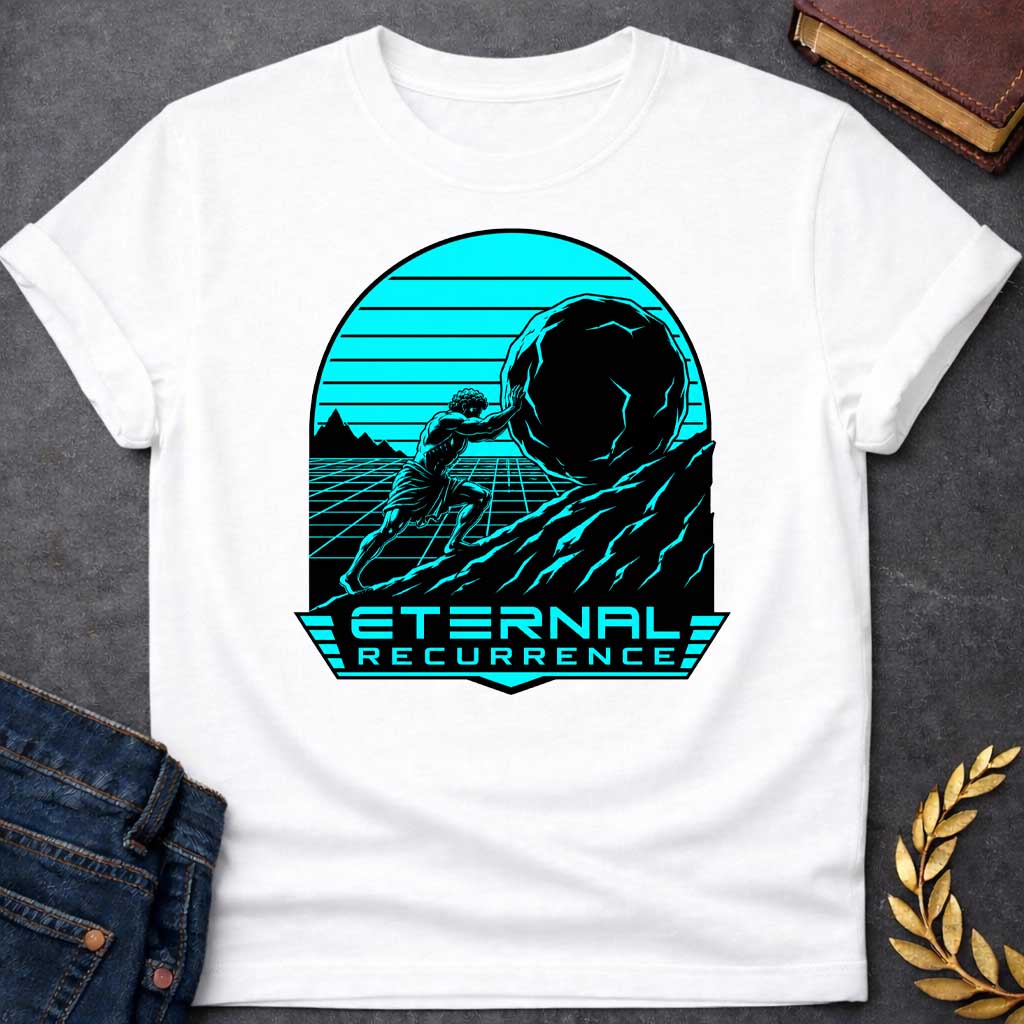 White T-Shirt with a stylized, synthwave-inspired graphic design.  The illustration features a muscular figure representing Sisyphus pushing a large boulder up a rocky hill. The background is a cyan-colored grid landscape with a setting sun, typical of 1980s retro aesthetics, all contained within an arched frame. Below the illustration, in a futuristic, bold cyan font, is the text "ETERNAL RECURRENCE,"