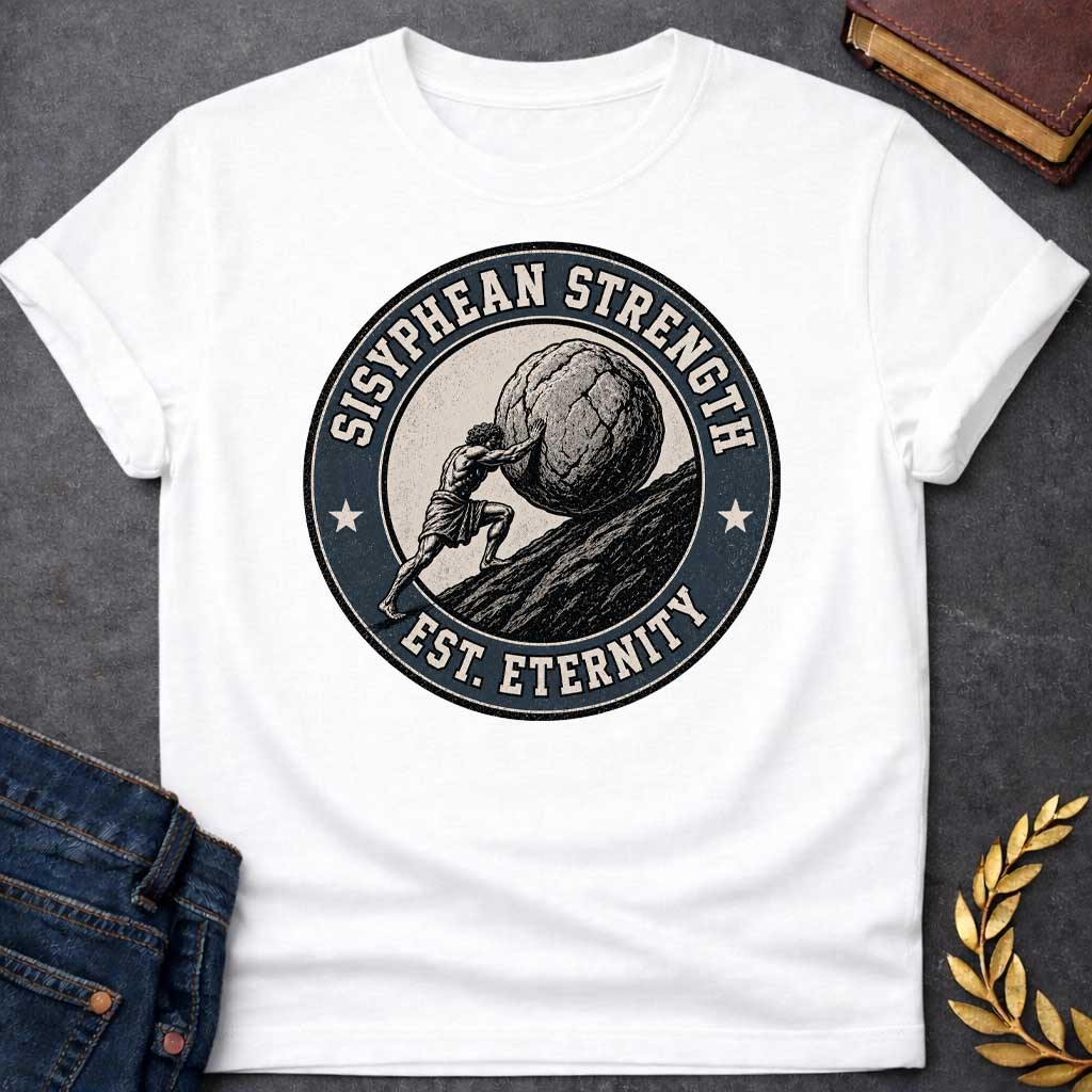 White T-Shirt with a circular, vintage-style badge design.  The illustration features a woodcut-style depiction of Sisyphus pushing a massive boulder up a steep, rocky hill. Encircling the artwork is a dark blue, textured border with the text "SISYPHEAN STRENGTH" arched at the top and "EST. ETERNITY" at the bottom, accented by a small white star on either side